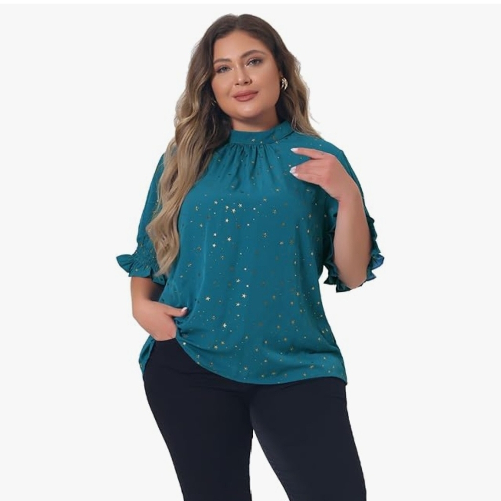 Teal Ruffle Sleeve Women's Top With Gold Stars Size 2X